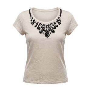ANN TAYLOR LOFT Cream Black Beaded Jeweled Collar Slub Cotton Tee Shirt Size L